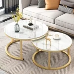 Set of 2 Coffee Table Round Marble Nesting Side End Wooden Round Table Furniture