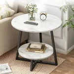 2-Tier Coffee Table Faux Marble with Shelf Modern Black Finished Metal Frame